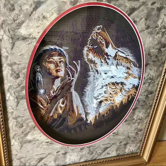 Native American Embroidered Framed Art Indian Woman And Wolf. Beautiful - Picture 4 of 11